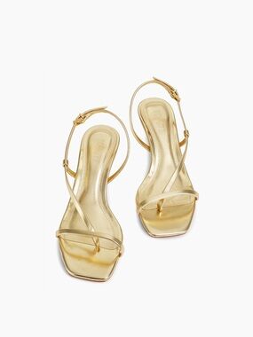 SCHUTZ Heloise Mid Block Heeled Sandal Metallic Napa Gold T-Strap Slingback